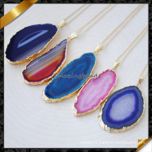 High Quality Beautiful Colorful Agate Slice Pendant Gold Chain Necklace (FN087)